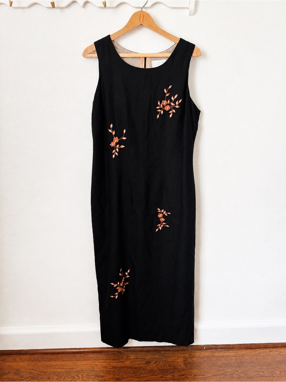 Vintage Studio C Black Linen Blend Embroidered Fall Maxi Dress